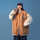 中性风春装学院风呢料夹克绣花棒球服外套H667P98控128女类，女装短外套，电商A341