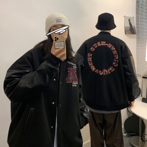 情侣装 毛呢拼接PU皮棒球服情侣夹克外套 H572 P118 男类图片