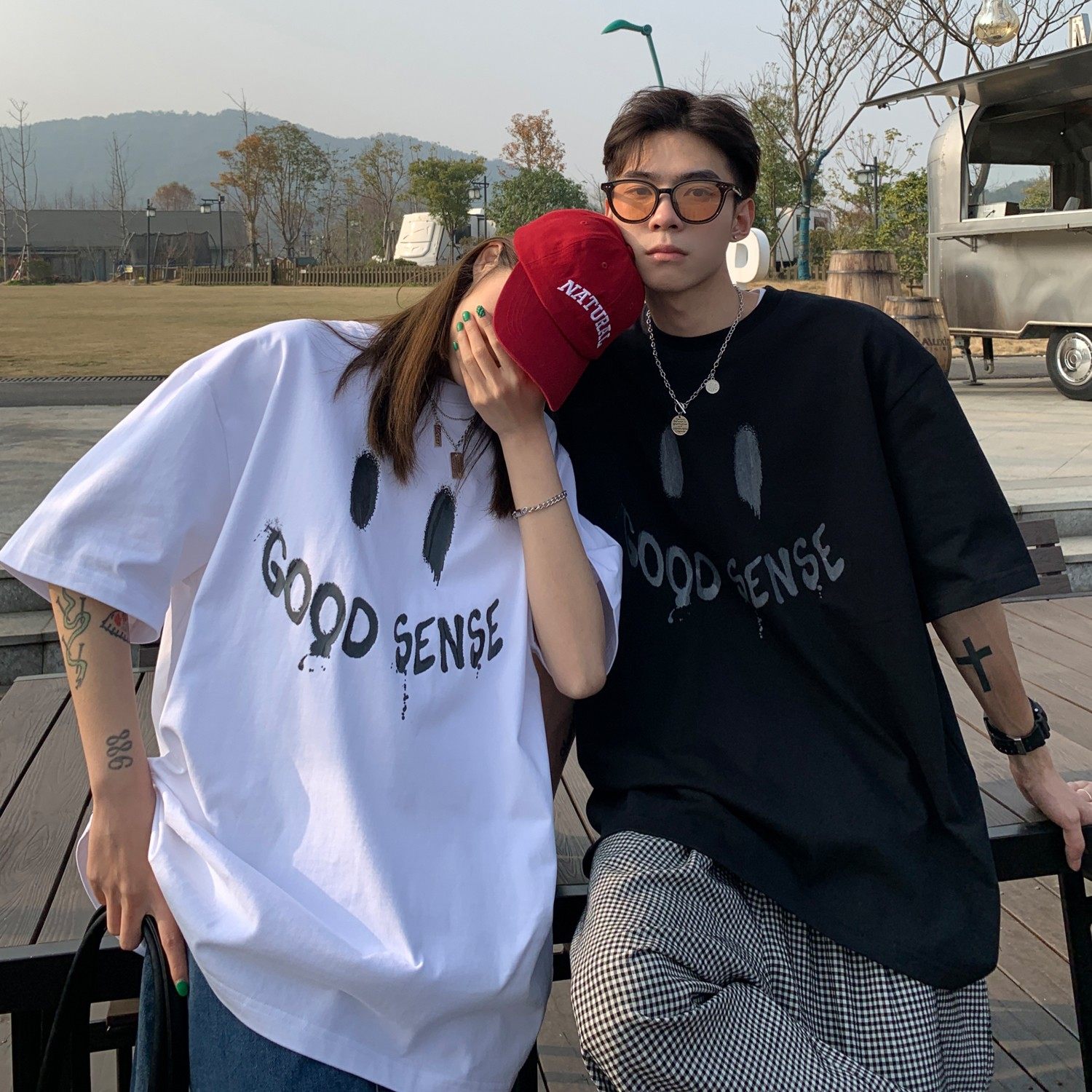 情侣装夏装字母印花笑脸情侣短袖T恤衫上衣大码H730P30女类,男装T恤,电商A341