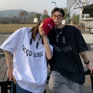 情侣装夏装 字母印花笑脸情侣短袖T恤衫上衣大码 H730 P30 女类图片