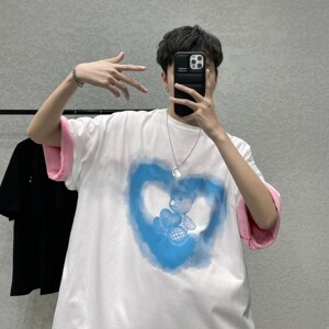 短句  2022潮流纯棉短袖卡通爱心宽松圆领情侣t恤 H626 P30 男图片