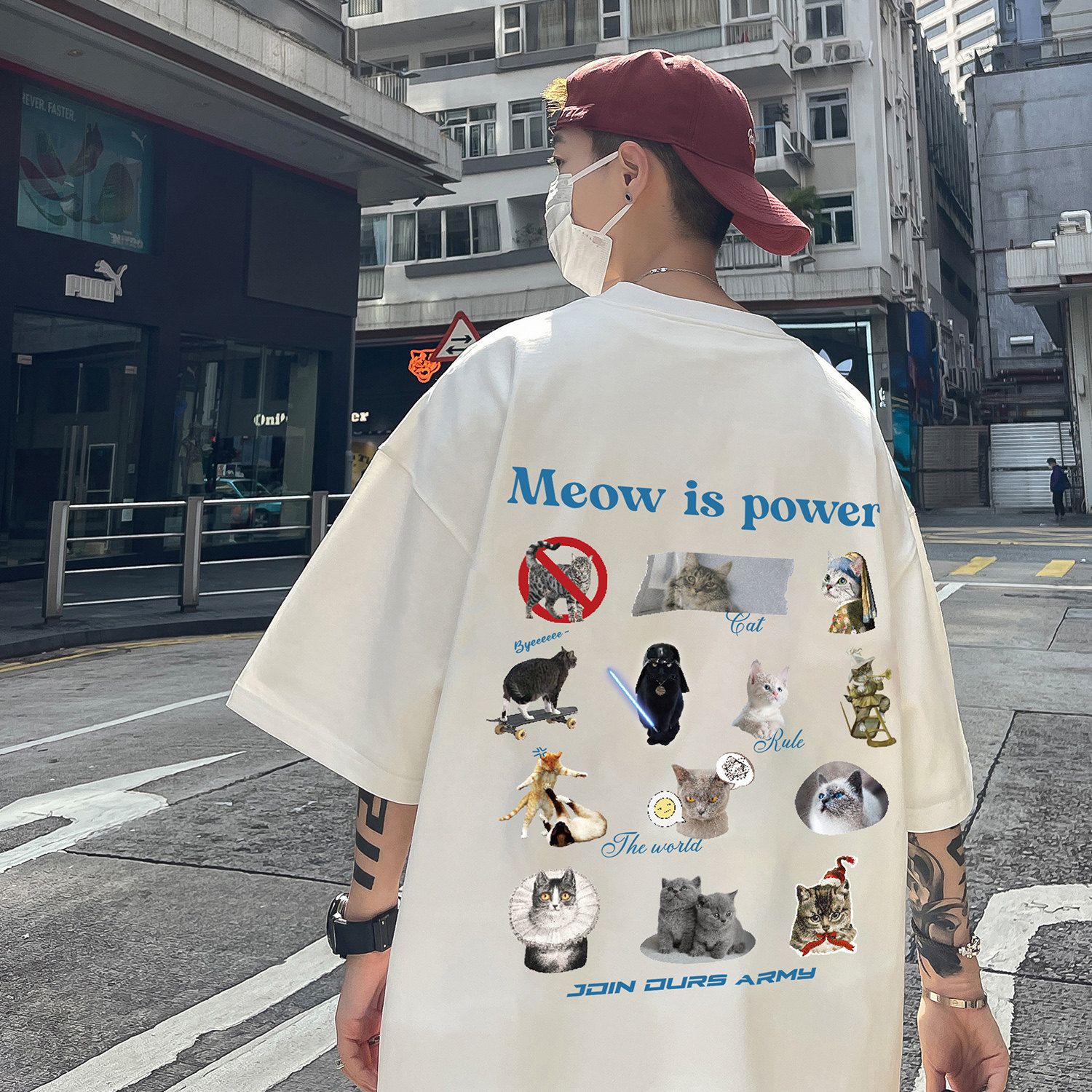 直播有280克美式复古重磅小猫印花短袖T恤衫潮牌大码男H844P28，男装T恤，电商A341