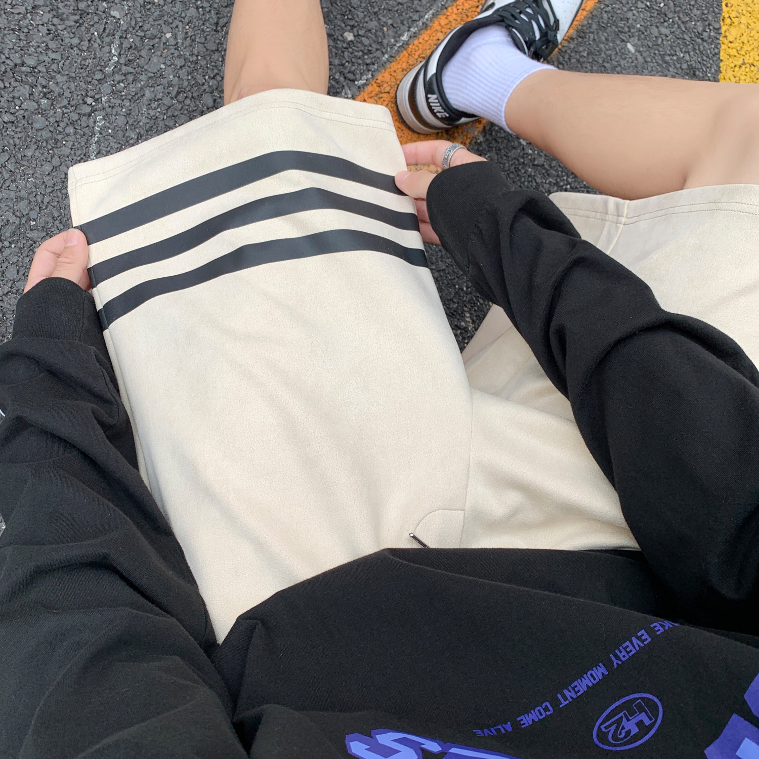 A341夏季新款鹿皮绒字母织带印花休闲宽松短裤KH03P38控48,男装休闲裤,电商A341