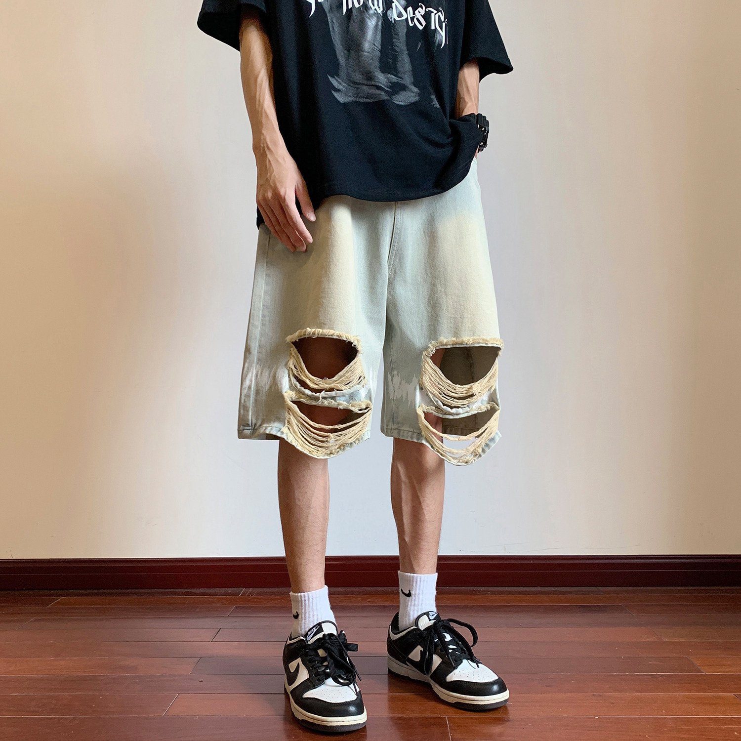 高街水洗牛仔短裤夏季薄款破洞五分裤男宽松潮牌 KH112 P48 控68图片