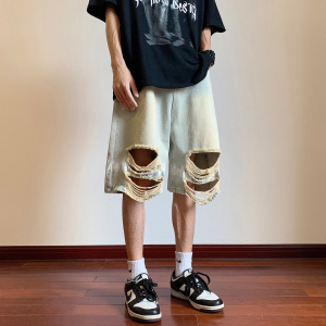高街水洗牛仔短裤夏季薄款破洞五分裤男宽松潮牌 KH112 P48 控68图片