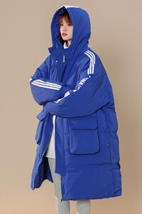 中性风冬装 克莱因蓝连帽拼接印花长款棉衣外套 H591P168男类图片