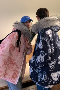 情侣装冬装 手绘熊大毛领加厚情侣棉衣面包服 H698 P138控178男类图片