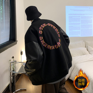 情侣装毛呢拼接PU皮棒球服夹克情侣棉衣加厚外套 H572-1 P125男类图片