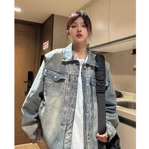中性风秋装美式复古重工垫肩牛仔衣夹克多拉链外套男女H885P105