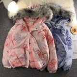 地毯风冬装涂鸦熊大毛领加厚情侣衣外套H577P138控168女类，女装棉衣/棉服，电商A341