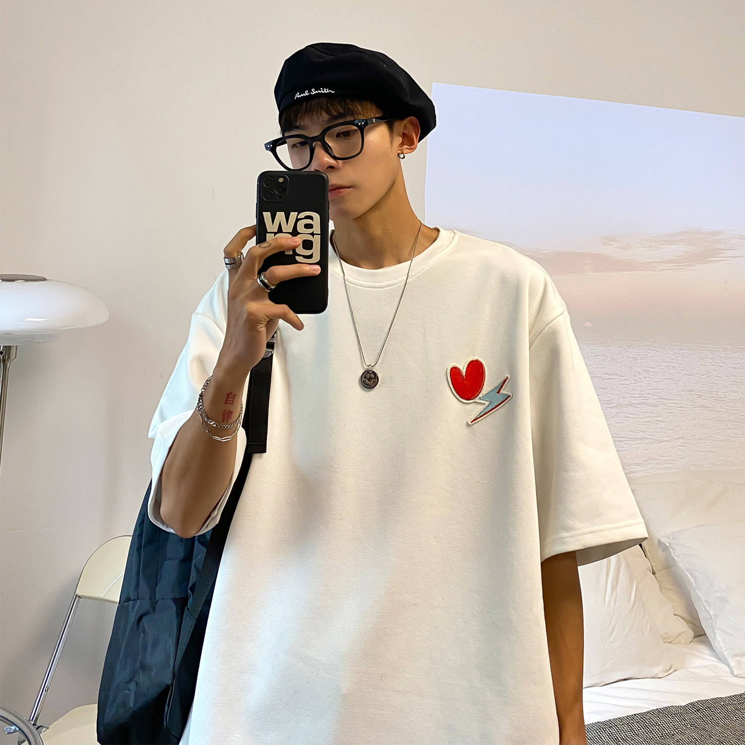 港风夏装新款绣标爱心情侣短袖T恤半袖A341-H629P30男类,男装T恤,电商A341