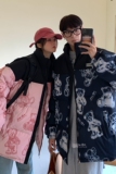 主推情侣装冬装涂鸦熊卡通拼接情侣棉衣加厚外套H691P128男类，男装棉衣，电商A341