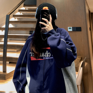 主推中性风 复古球衣机车明线拼接印花情侣卫衣外套男女图片