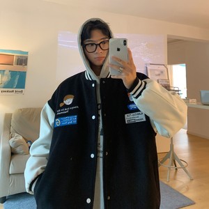 中性秋裝 學(xué)院風(fēng)呢料情侶夾克繡花棒球服外套 H667P98 控128女類圖片