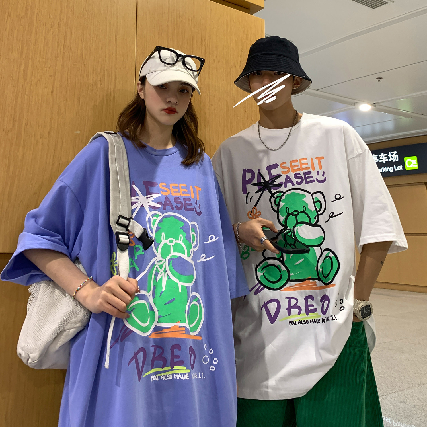 情侣装夏装新涂鸦熊印花情侣短袖T恤宽松圆领半袖H608P35女类,女装T恤,电商A341