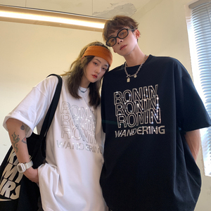 情侣装夏装潮高街烫钻字母印花宽松情侣短袖大码T恤 H708P35 女类图片