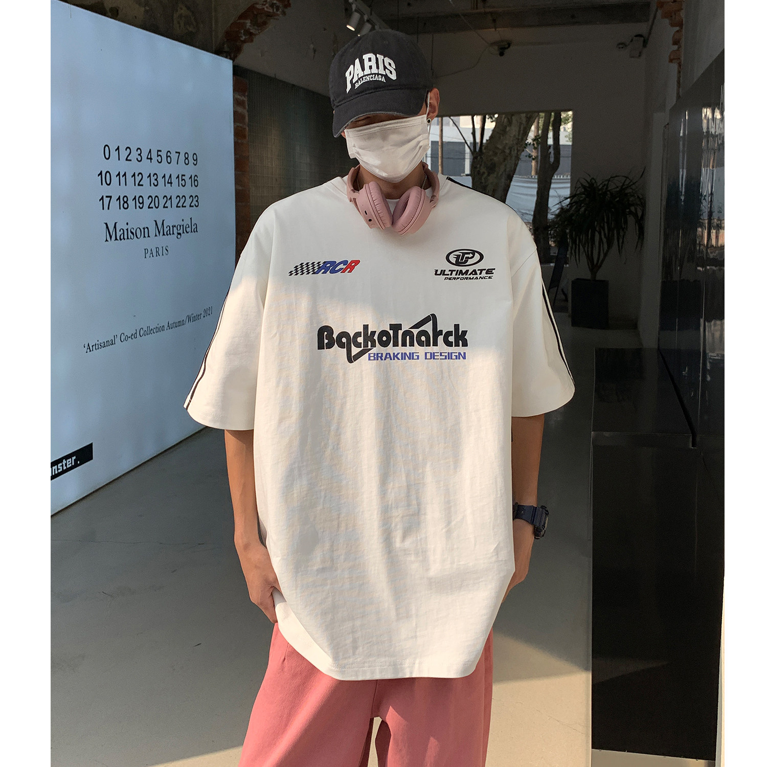 2023高街赛车服织带圆领情侣短袖T恤衫宽松运动服男H829P38,男装T恤,电商A341