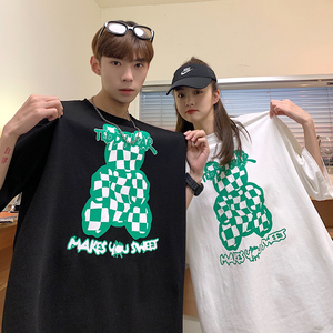 情侣装夏装 棋盘格小熊印花情侣短袖T恤宽松半袖 H719 P30男类图片