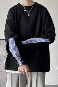 短句 双层袖口拼接条纹假两件套头长袖卫衣外套 H659 P45 控58图片