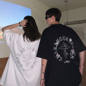 主推情侣装夏装十字架烫钻高街宽松情侣短袖T恤大码H742P38女类,生肖婚姻搭配男猪女狗图片