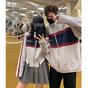 2024秋装 美式立领机车情侣夹克拼接鹿皮绒外套上衣女H889 P108图片
