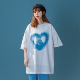 2022港风中性潮流纯棉短袖卡通爱心宽松圆领情侣t恤H626P30，男装T恤，电商A341