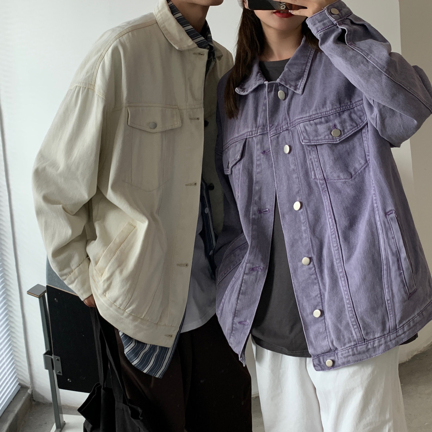 情侣装秋装牛仔外套宽松炒花色水洗情侣夹克H657P88女类，女装短外套，电商A341