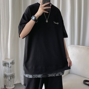 短句 22夏季新品 腰果花拼接短袖T恤男港风半袖 H610 P35图片