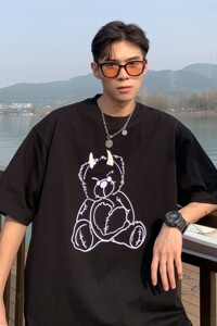 港风夏装 小熊印花珍珠烫钻情侣短袖T恤大码上衣 H732 P35 女类图片