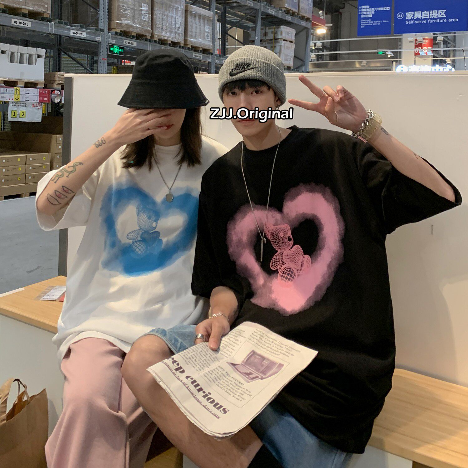 情侣装夏潮流纯短袖卡通爱心宽松圆领情侣t恤H626P30女类,女装T恤,电商A341