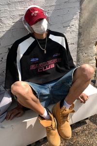 2023潮街头插肩袖撞色赛车服情侣短袖T恤印花上衣男 H834 P38图片