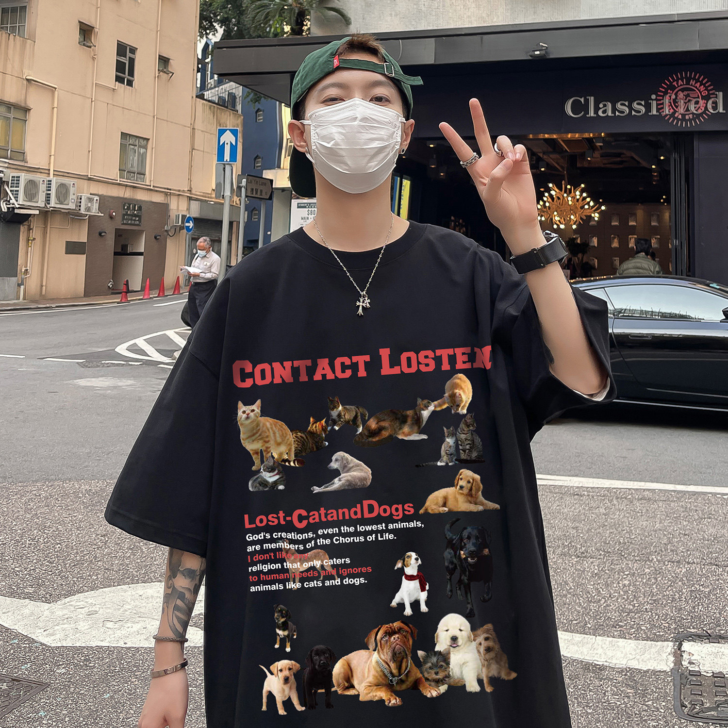 直播有280克重磅美式猫狗趣事印花短袖T恤半袖衫男H843P28,男装T恤,电商A341