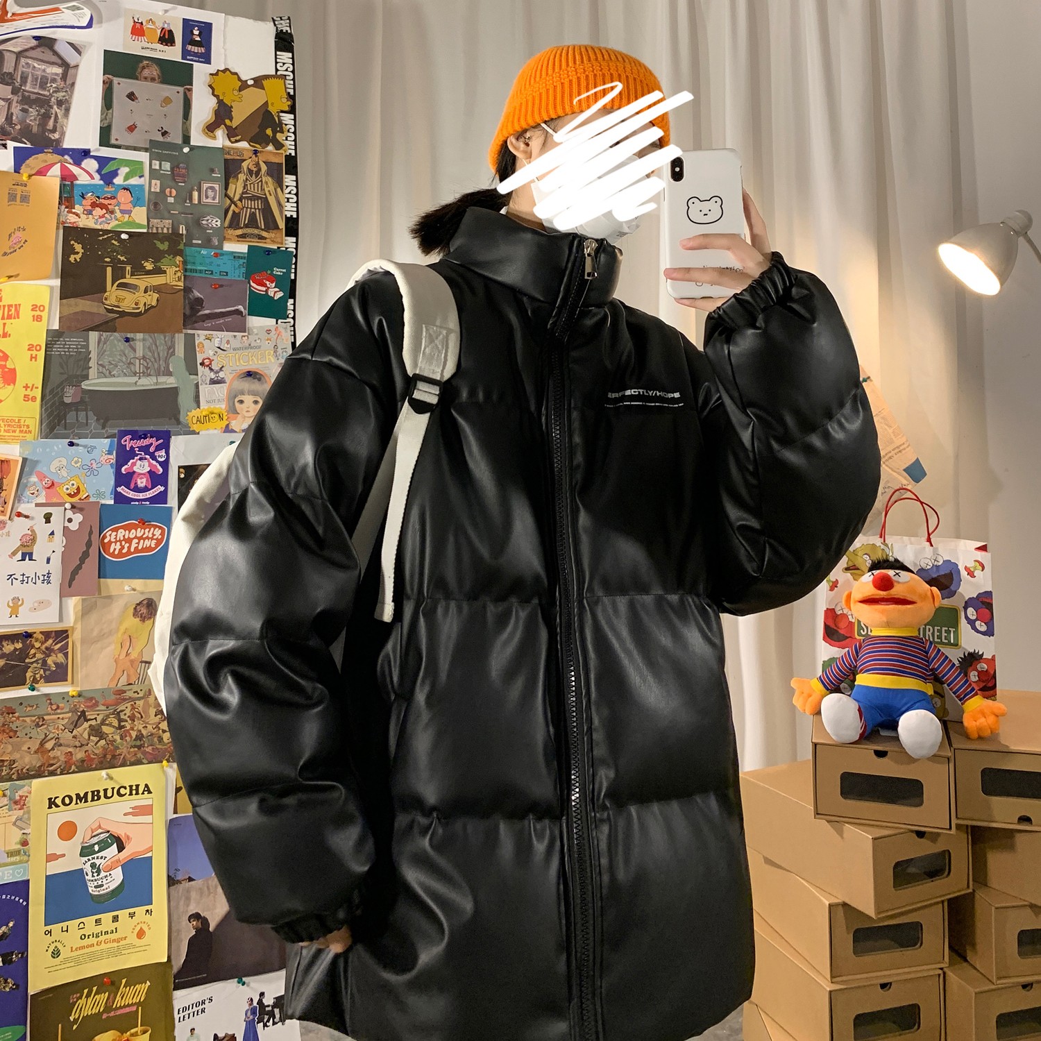 港风字母印花情侣皮棉衣羽绒棉外套中性棉服H597P118男类,男装棉衣,电商A341