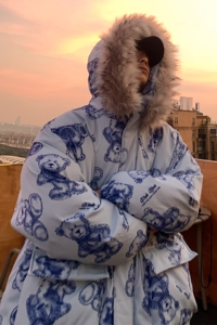 港风冬装 手绘熊大毛领加厚情侣棉衣面包服 H698 P138控178男类图片