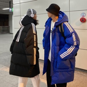 情侣装冬装 克莱因蓝连帽拼接印花长款情侣棉衣外套 H591P168男类图片