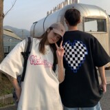 情侣装夏装棋盘格爱心印花情侣短袖T恤宽松大码H734P35女类，男装T恤，电商A341
