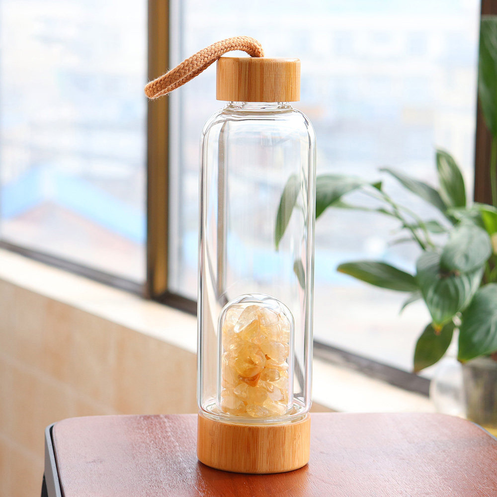 天然水晶碎石内胆小口竹盖提绳玻璃杯茶杯学生水瓶户外运动喝水杯