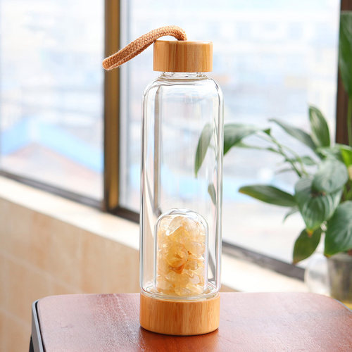 天然水晶碎石内胆小口竹盖水瓶