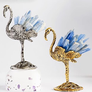 天然蓝晶石火烈鸟摆件蓝晶簇合金小动物水晶工艺品家居装饰批发