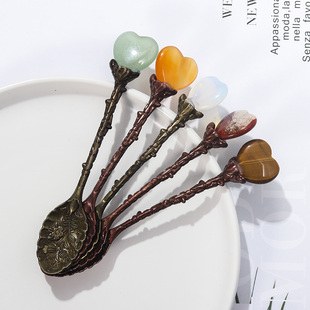 天然水晶爱心复古铜色小勺子DIY原石矿物装饰宝石长柄搅拌咖啡勺