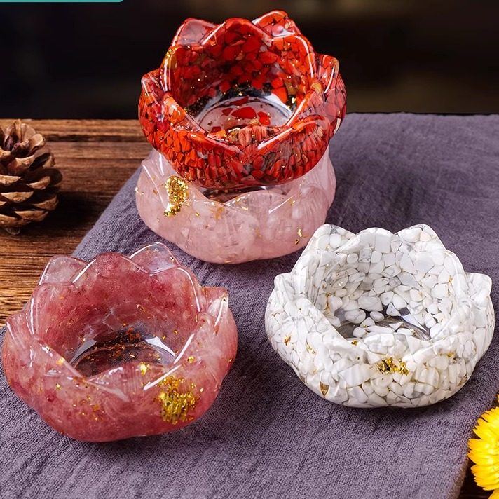天然水晶碎石滴胶莲花香插底座图片