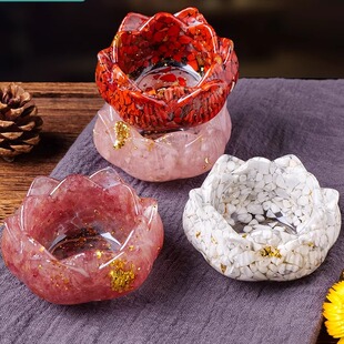 天然水晶碎石滴胶莲花香插底座消磁碗黄水晶莲花聚宝盆树脂摆件