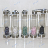 天然水晶碎石304不锈钢小口提绳内胆玻璃水瓶学生办公户外饮水杯