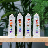 天然摩洛哥透石膏单尖六棱柱金丝缠绕七色水晶原石家居装 饰摆件