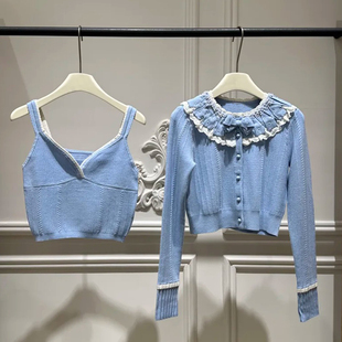 深圳南油高端女装2026春季新款千金感蓝色蕾丝装饰百搭针织开衫女