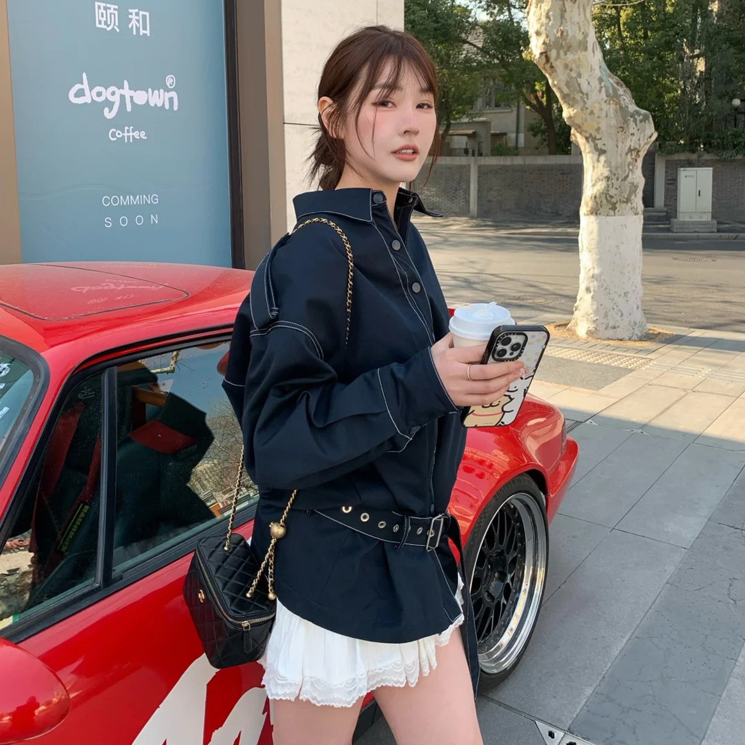 2026春季新款美式复古Polo领宽松气质潮系带设计感牛仔风衣外套女