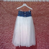 新款 深圳南油高端女装 2026春季 甜美层次感牛仔拼接网纱中长半裙女