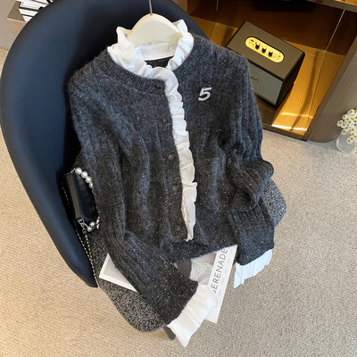 韩版休闲木耳边亮片毛衣针织开衫