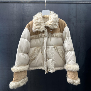 深圳南油高端女装2025冬新款短款拼接羽绒服女毛领面包服保暖外套