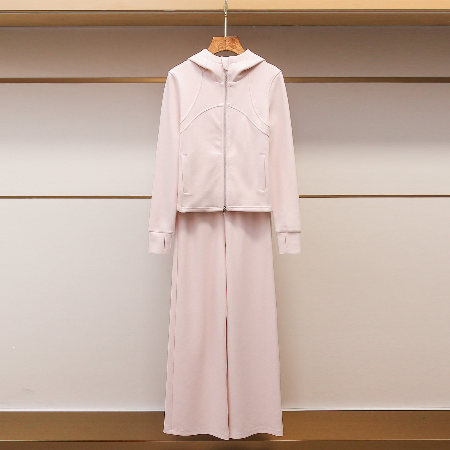 现货】深圳南油高端女装25冬季新款甜美连帽外套+松紧腰长裤套装